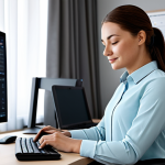 Sleep & Work Efficiency**

A professional woman in a modest office setting, looking refreshed and energetic, working on a computer. Background shows a sleep tracker app on her phone displaying data. Emphasize a positive, productive work environment. Fully clothed, appropriate content, safe for work, professional, perfect anatomy, natural proportions.

**