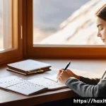 효과적인 습관 유지란 무엇인가 - A serene morning scene showing a person journaling with a pen in a cozy, sunlit room, surrounded by ...