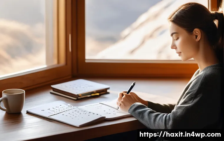 효과적인 습관 유지란 무엇인가 - A serene morning scene showing a person journaling with a pen in a cozy, sunlit room, surrounded by ...