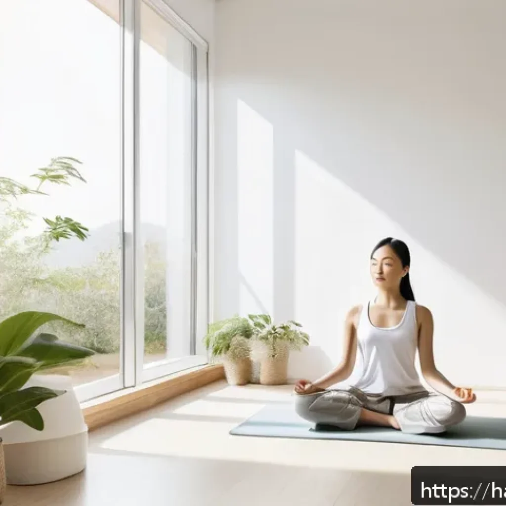 습관 형성을 위한 목표 설정의 철학 - A serene morning scene of a person practicing meditation and stretching in a bright, minimalist bedr...