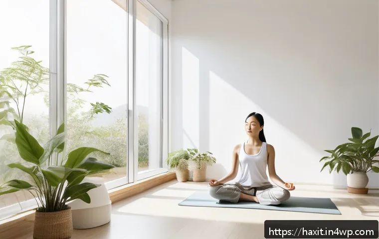습관 형성을 위한 목표 설정의 철학 - A serene morning scene of a person practicing meditation and stretching in a bright, minimalist bedr...