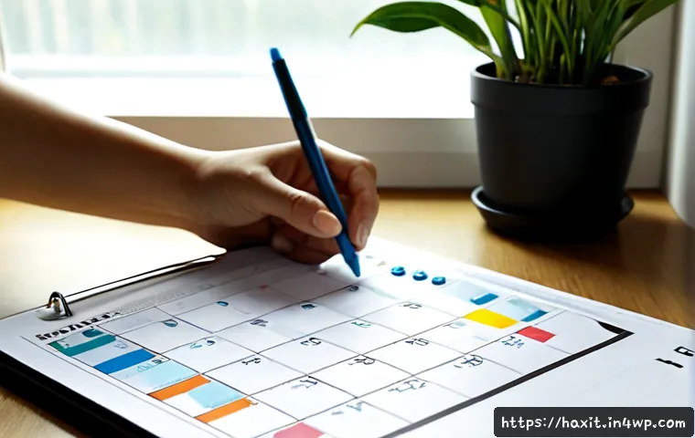 Home 17 습관 추적의 역할과 의미 - Photorealistic close-up of an organized home desk for habit tracking, an adult hand placing a small ...